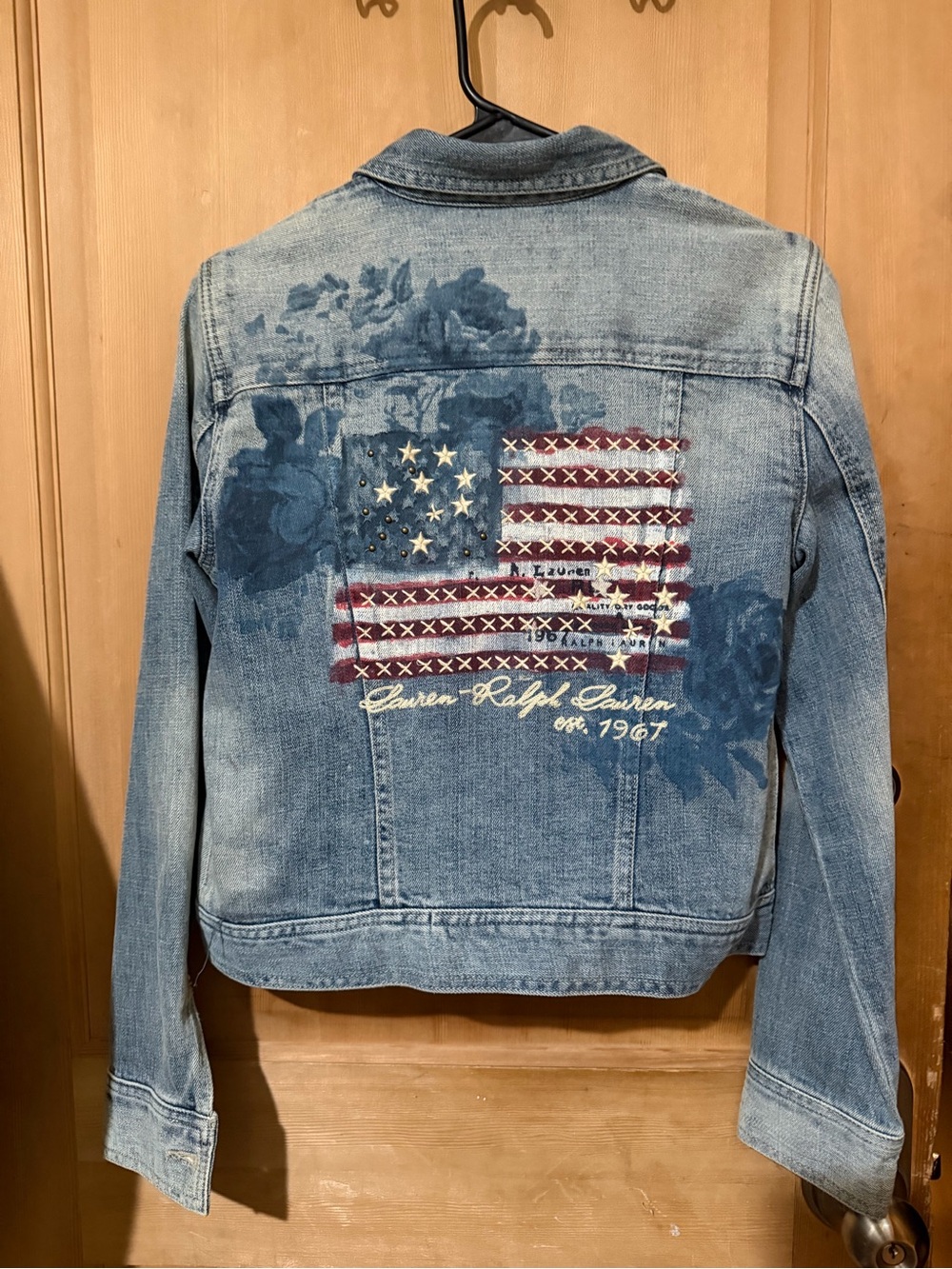 Ralph Lauren Light Blue Denim Jacket with Embroidered Flag & Floral Print